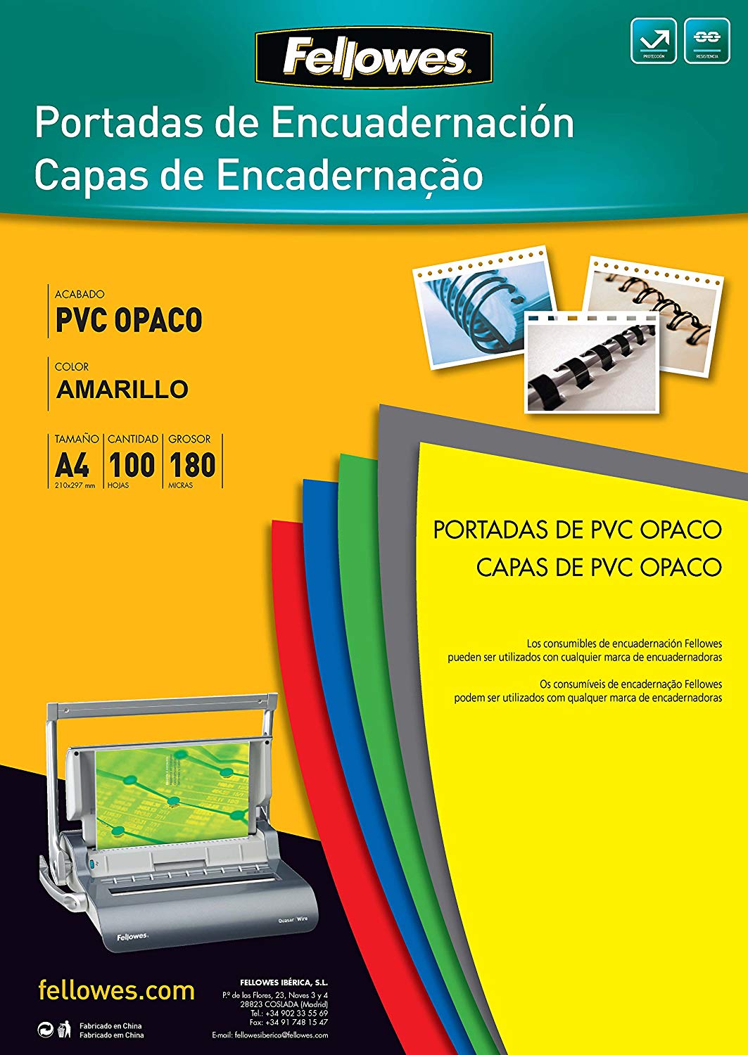 Portada FELLOWES PVC 180 A4 opaco amarillo Pack 100