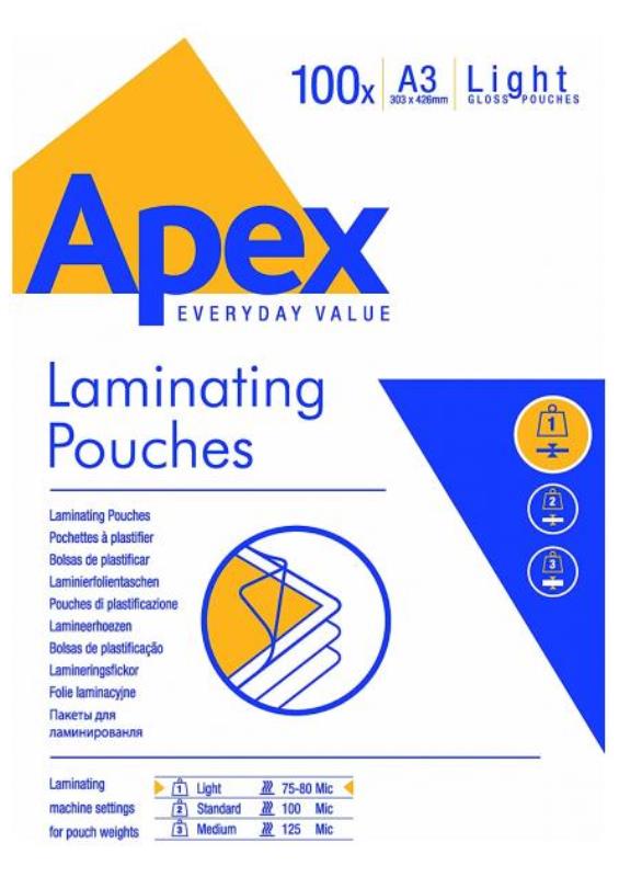 Fundas plastificar APEX Light 80´ A3 brillo Caja 100