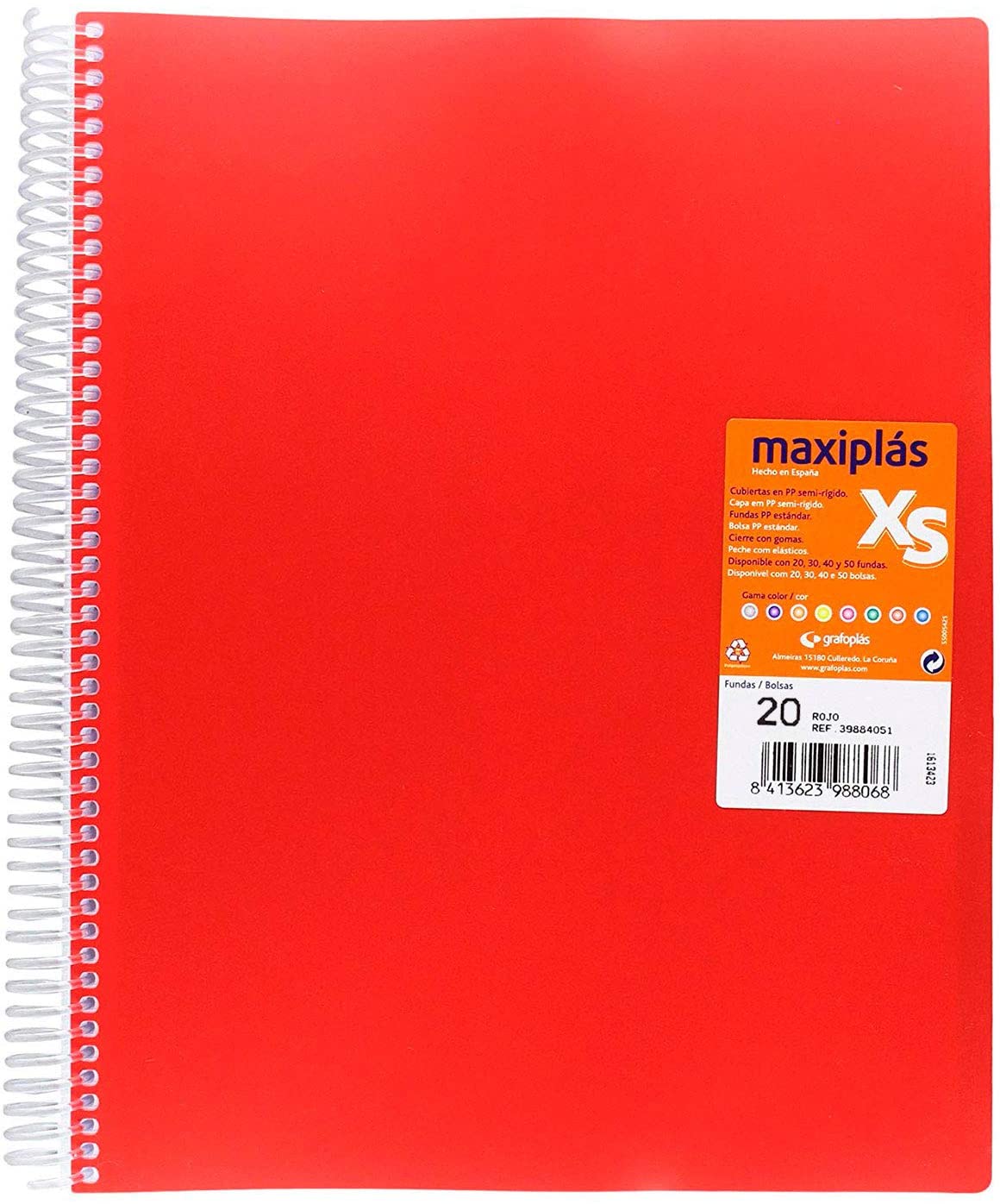 Carpeta 30F espiral MAXIPLAS PP XS A4 gomas rojo