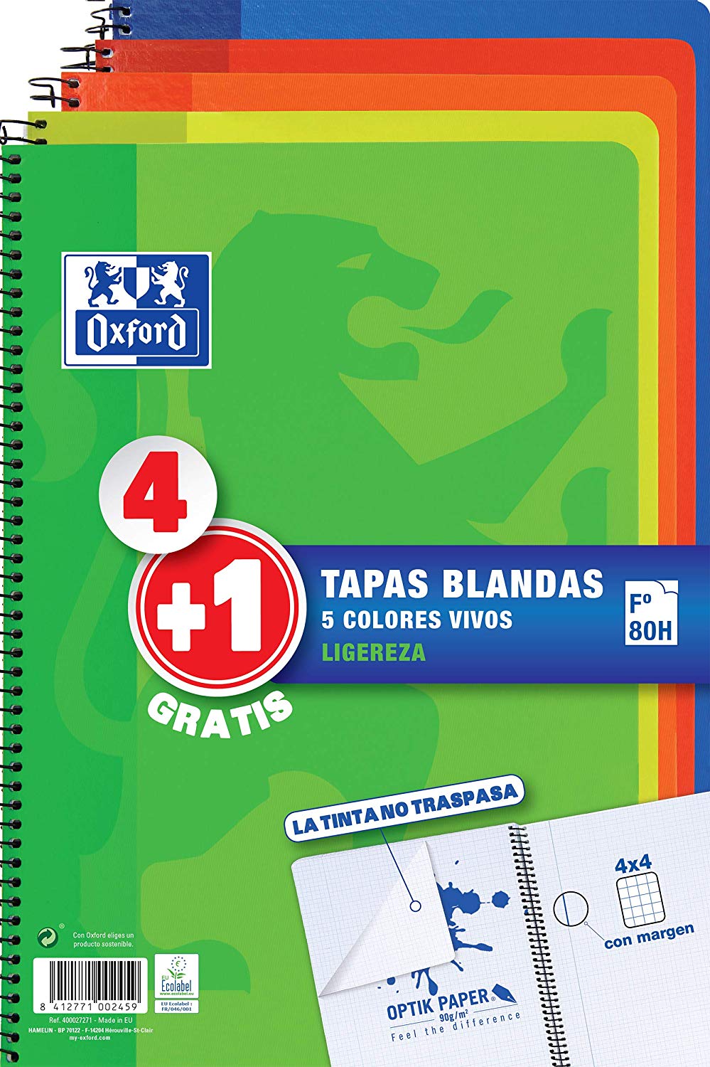 Cuaderno OXFORD School T.Blanda F 4x4 80h 90g Pack 5