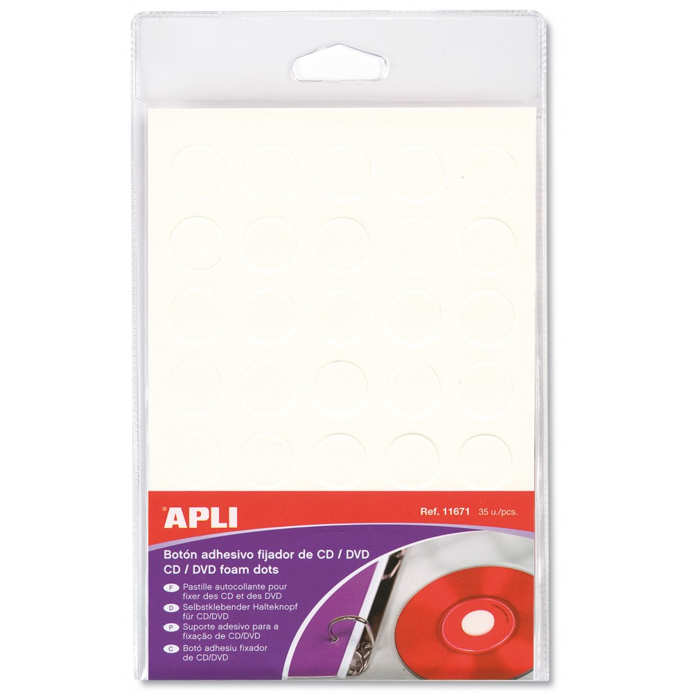 Botón fijador APLI CD-DVD adhesivo 15Ø blanco Pack 35