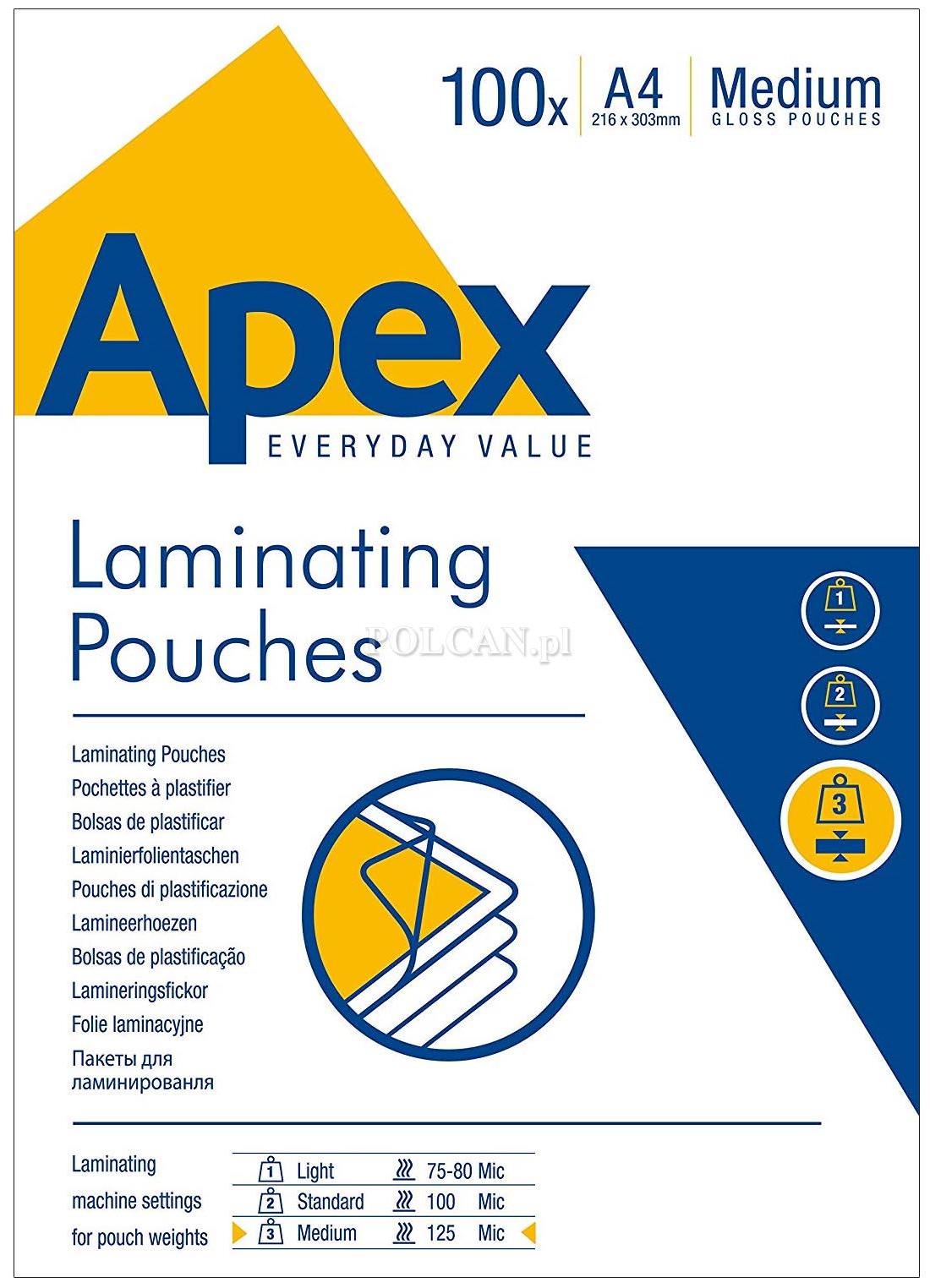 Fundas plastificar APEX Medium 125´ A4 brillo Caja 100