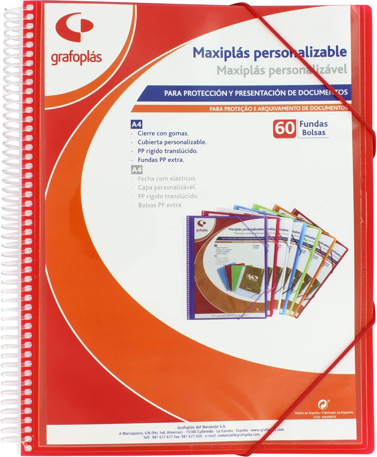 Carpeta 60F espiral MAXIPLAS PP A4 canguro gomas rojo