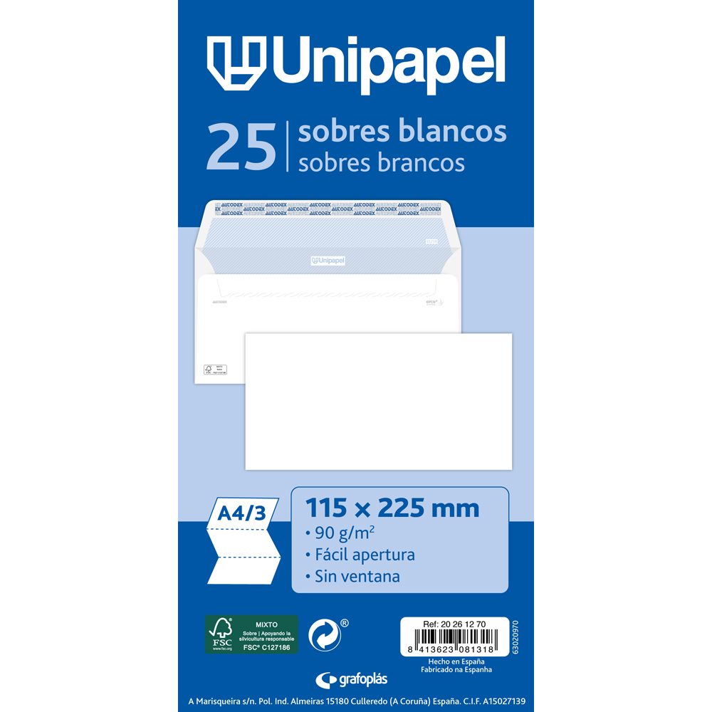 Sobre blanco UNIPAPEL 115x225 americano 90g Pack 25