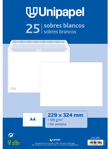 Sobre blanco UNIPAPEL 229x324 DIN C4 (A4) 90g Pack 25