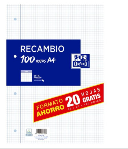 Recambio carpeta anillas OXFORD A4 4T 4x4 c/m 90g 100h