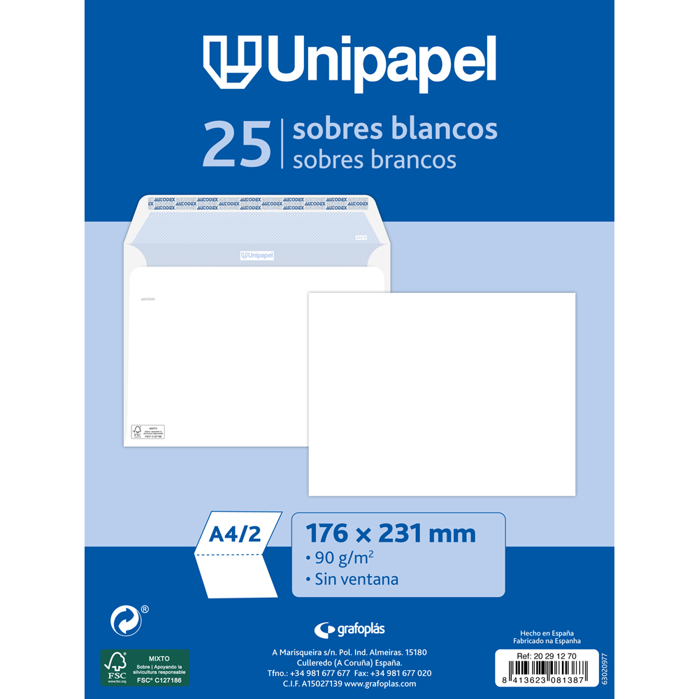 Sobre blanco UNIPAPEL 176x231 cuartilla 90g Pack 25