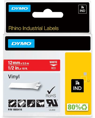 Cinta DYMO Rhino vinilo 12x5,5 blanco/rojo 1805416