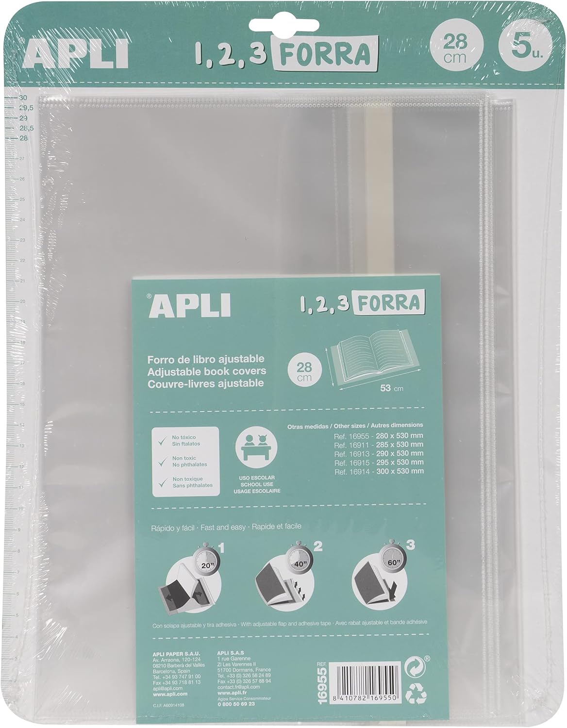 Forro libros APLI PP 75 ajustable 280mm Pack 5 16955 