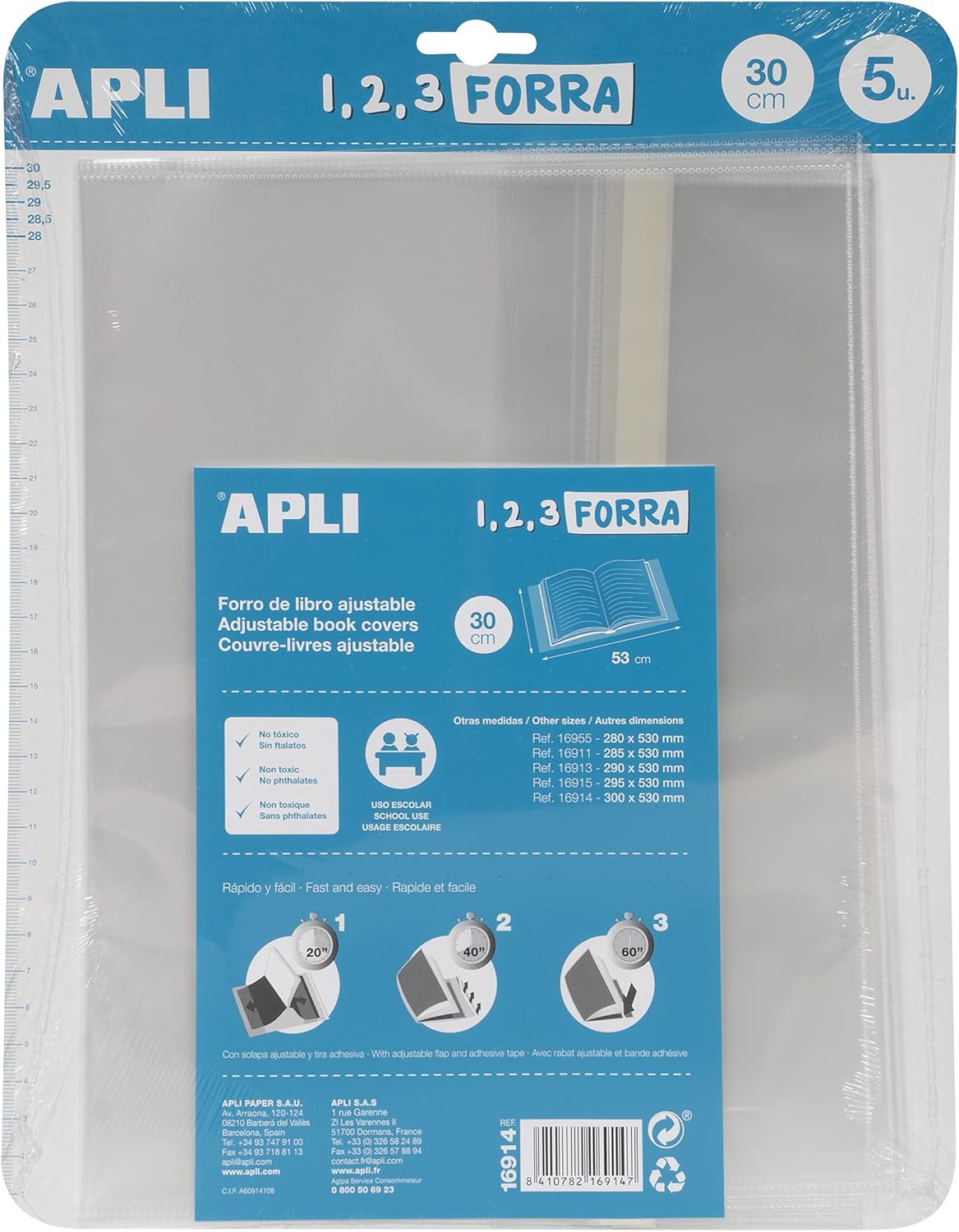 Forro libros APLI PP 75 ajustable 300mm Pack 5 16914