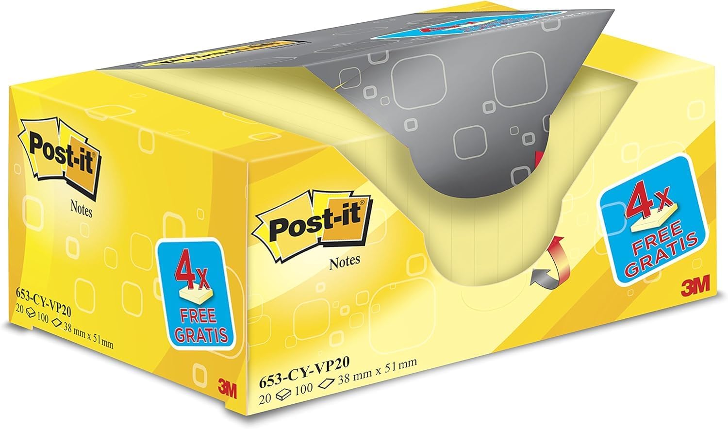 Notas adhesivas POST-IT 38x51 amarillo 100h Pack 20 
