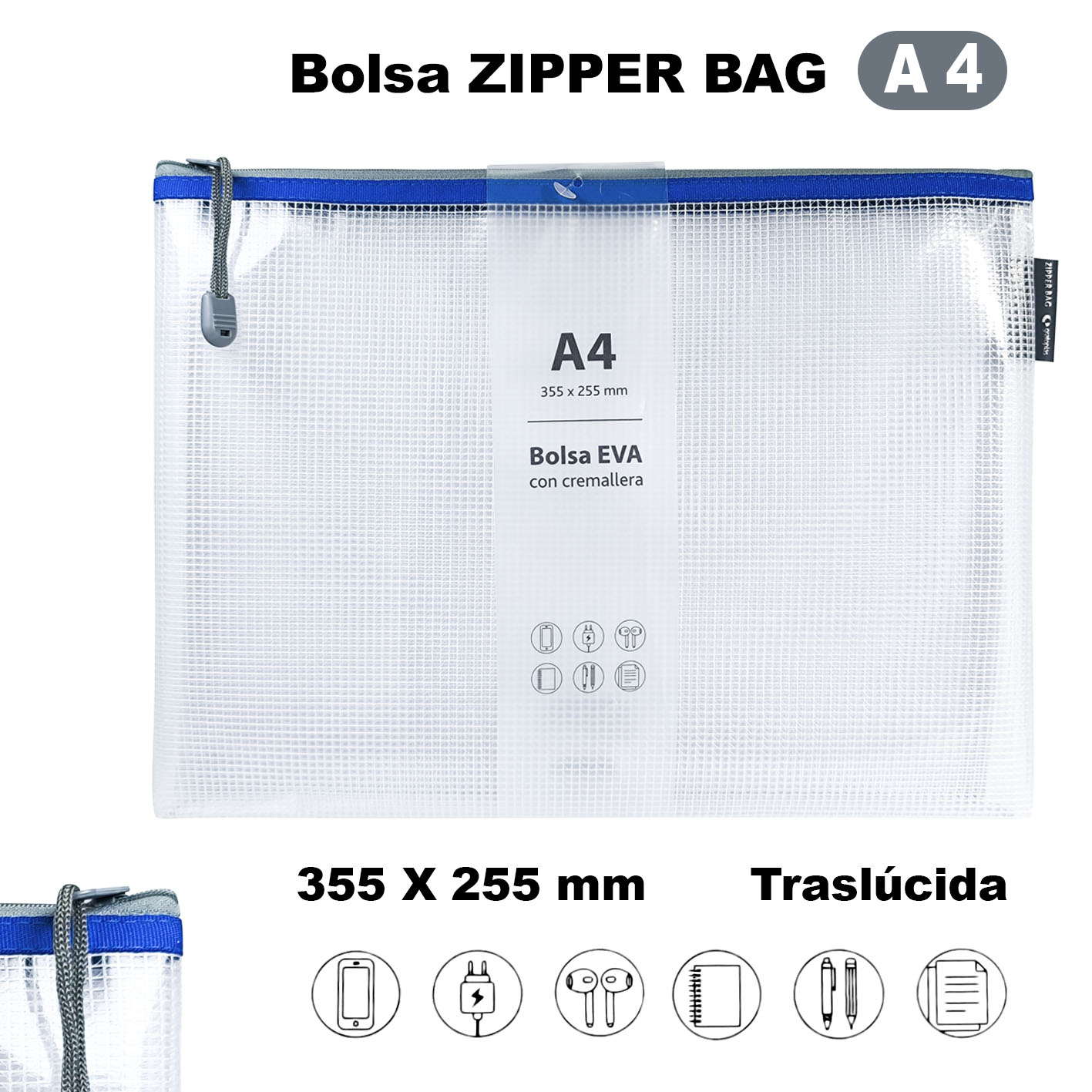 Bolsa multiuso ZIPPER BAG A4 355x255 cremallera azul